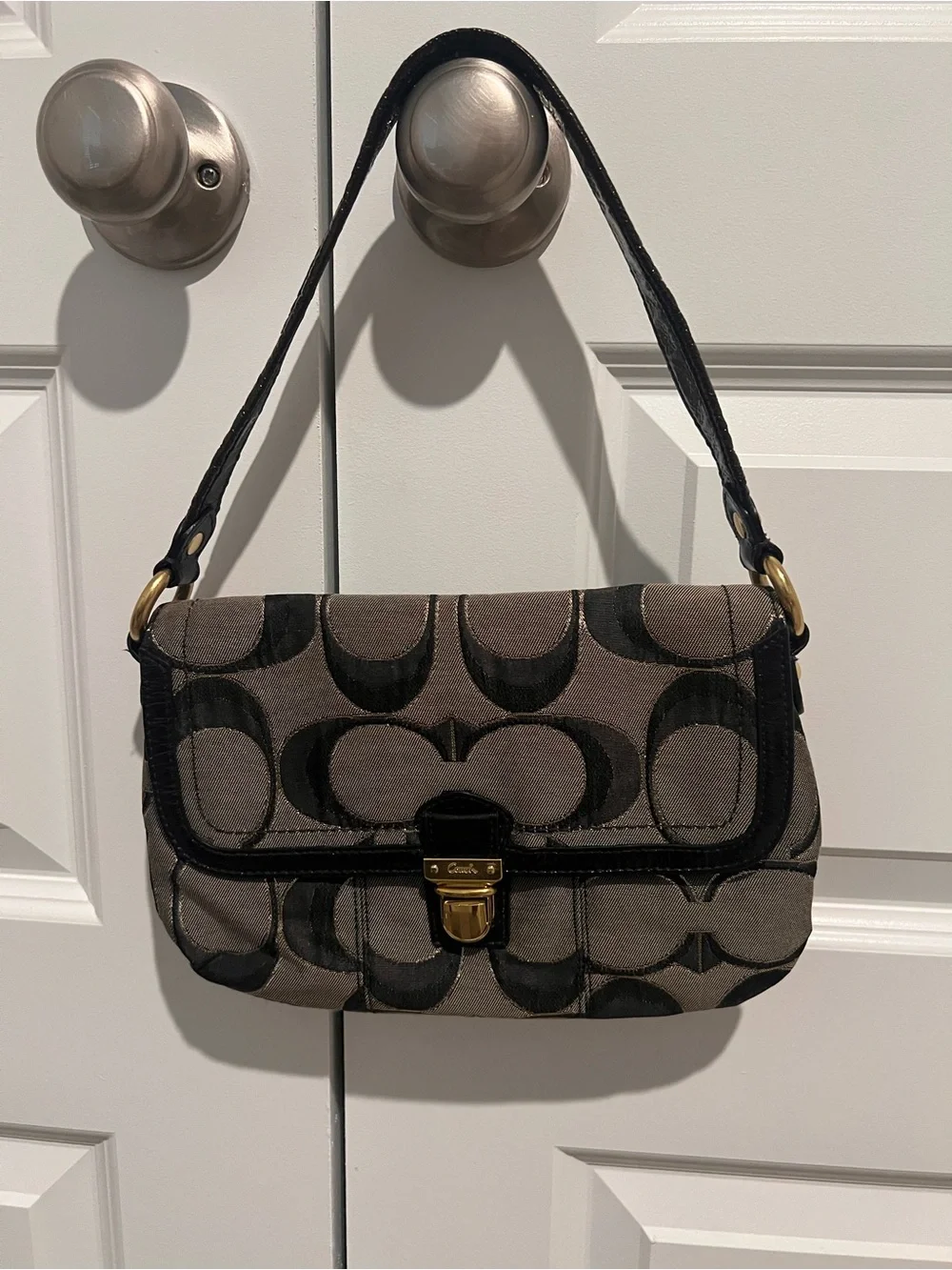 Coach Gray and Black Signature Canvas Shoulder Bag